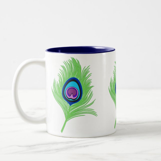 Lime and Blue Peacock Feather Two-Tone Coffee Mug (Left)