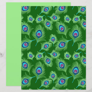 Lime and Blue Peacock Feathers on Emerald Green 