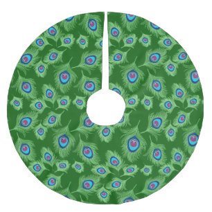 Lime and Blue Peacock Feathers on Emerald Green Brushed Polyester Tree Skirt
