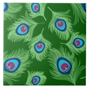 Lime and Blue Peacock Feathers on Emerald Green Ceramic Tile