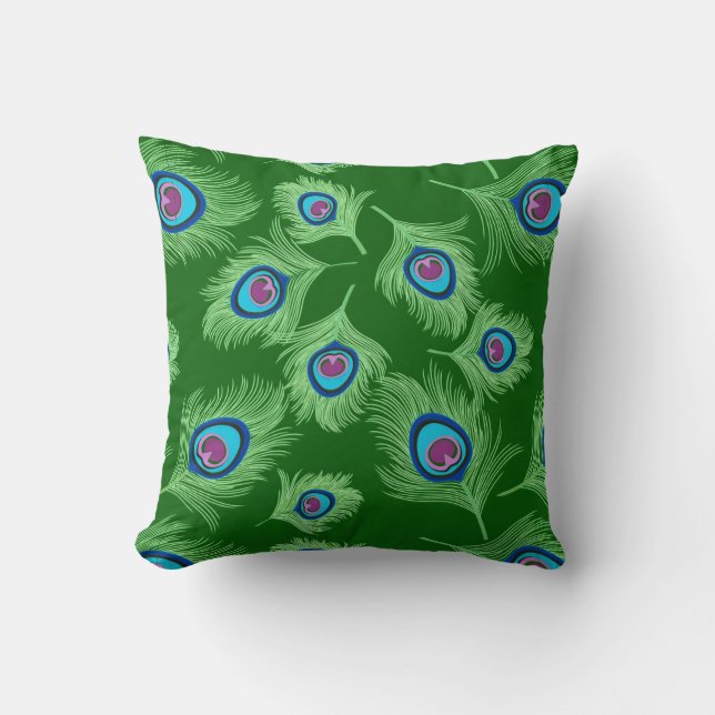 Lime and Blue Peacock Feathers on Emerald Green Cushion (Front)