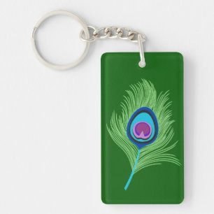 Lime and Blue Peacock Feathers on Emerald Green  Key Ring