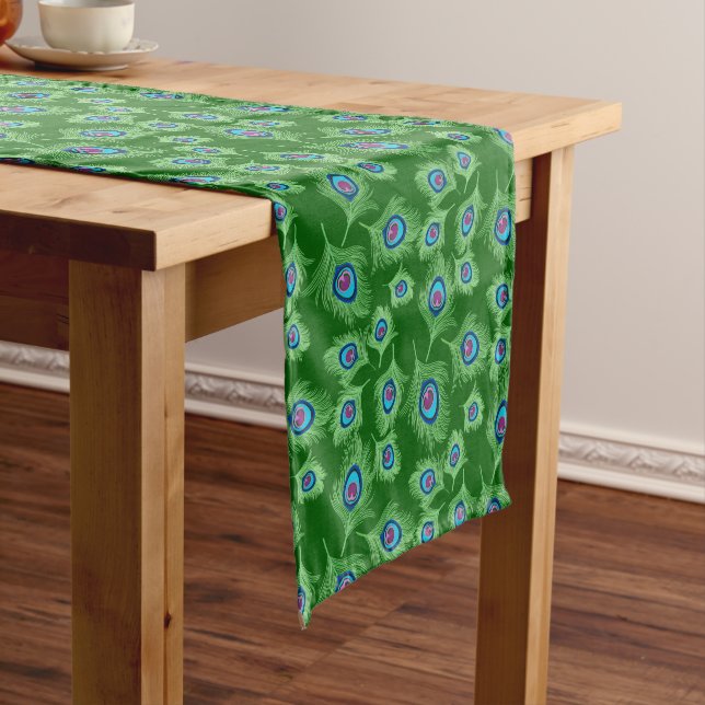Lime and Blue Peacock Feathers on Emerald Green Short Table Runner (In Situ)