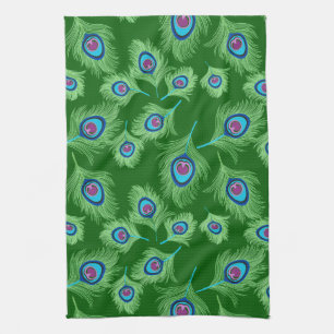 Lime and Blue Peacock Feathers on Emerald Green  Tea Towel