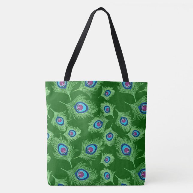 Lime and Blue Peacock Feathers on Emerald Green Tote Bag (Front)