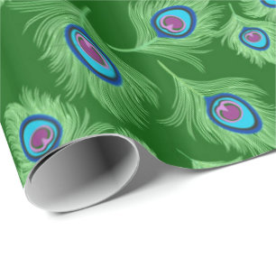 Lime and Blue Peacock Feathers on Emerald Green Wrapping Paper