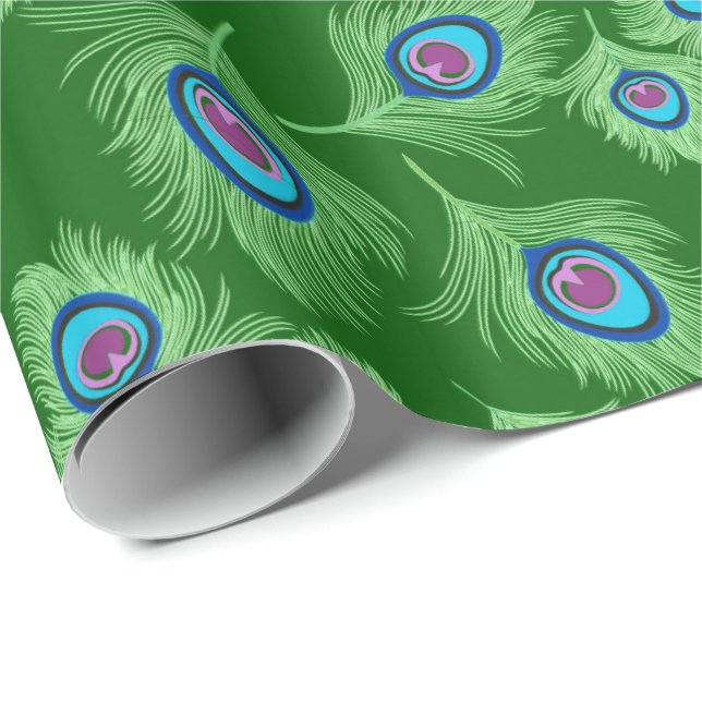 Lime and Blue Peacock Feathers on Emerald Green Wrapping Paper (Roll Corner)
