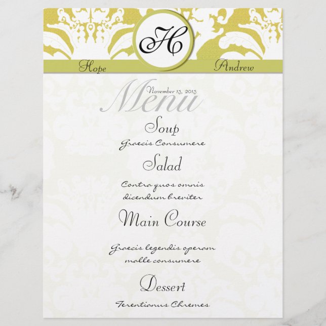 Lime and Gold Damask Monogram Wedding Menu (Front)