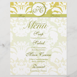 Lime and Gold Damask Monogram Wedding Menu