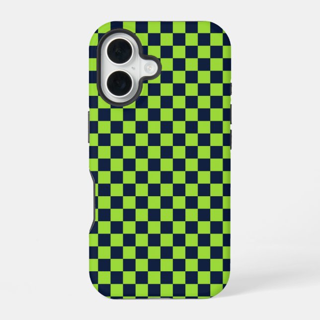 Lime and navy chequerboard pattern iPhone 16 case (Back)