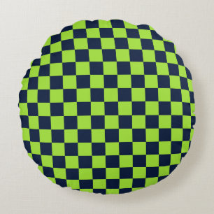 Lime and navy chequerboard pattern round cushion
