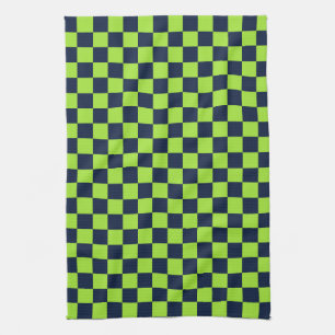 Lime and navy chequerboard pattern tea towel
