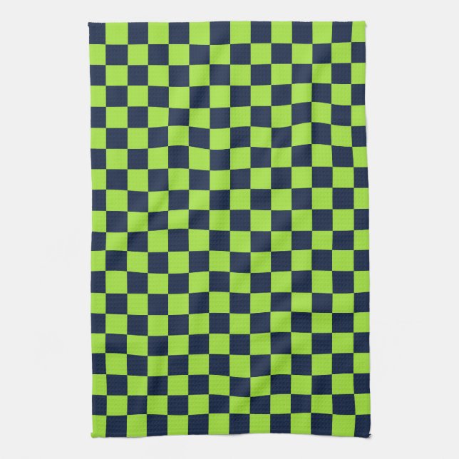 Lime and navy chequerboard pattern tea towel (Vertical)