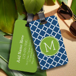 Lime and Navy Quatrefoil Pattern Custom Monogram Luggage Tag<br><div class="desc">A bold,  graphic quatrefoil design in fresh,  cheerful colours. If you need to adjust the monograms,  click on the customise it button and make changes.</div>