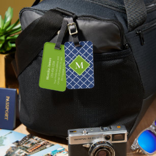 Lime and Navy Quatrefoil Pattern Custom Monogram Luggage Tag