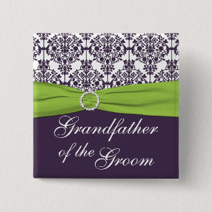 Lime and Purple Damask Grandfather of the Groom 15 Cm Square Badge