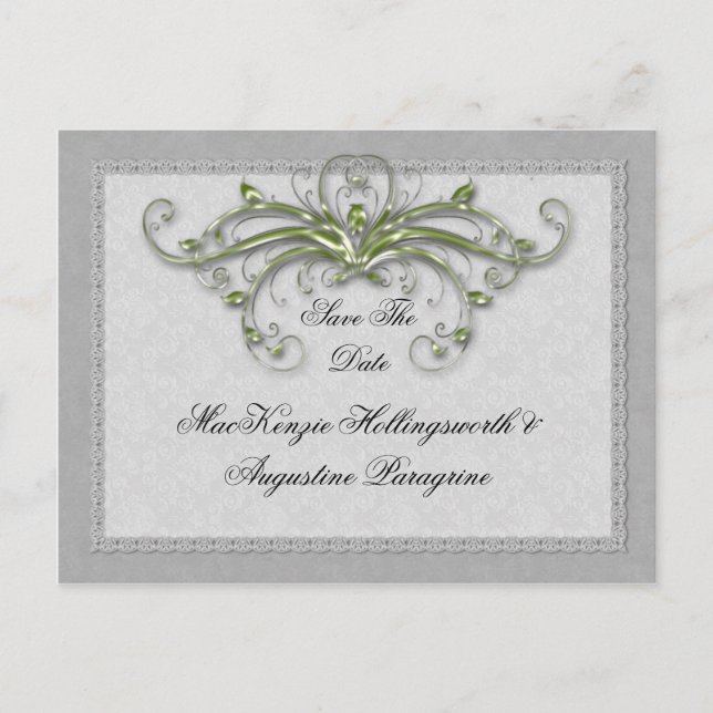 Lime and Silver Enbellished Swirls Save The Date Announcement Postcard (Front)