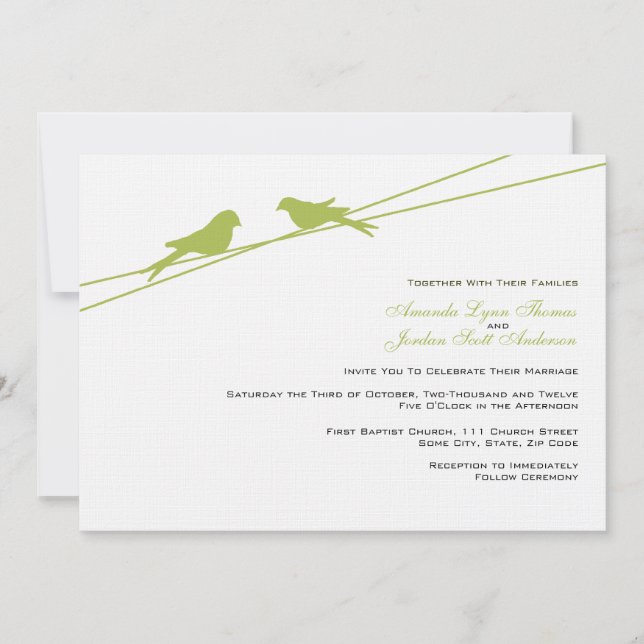Lime and White Love Birds on a Wire Invitation (Front)