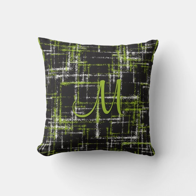 lime and white on black abstract crisscross cushion (Front)