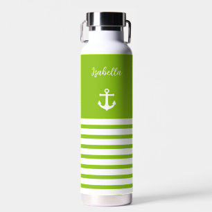 Lime and White Stripes Nautical Personalised Water Bottle