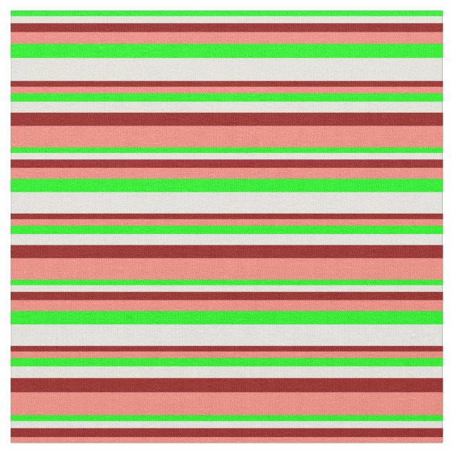 Lime, Beige, Dark Red & Salmon Coloured Stripes Fabric (Close Up)