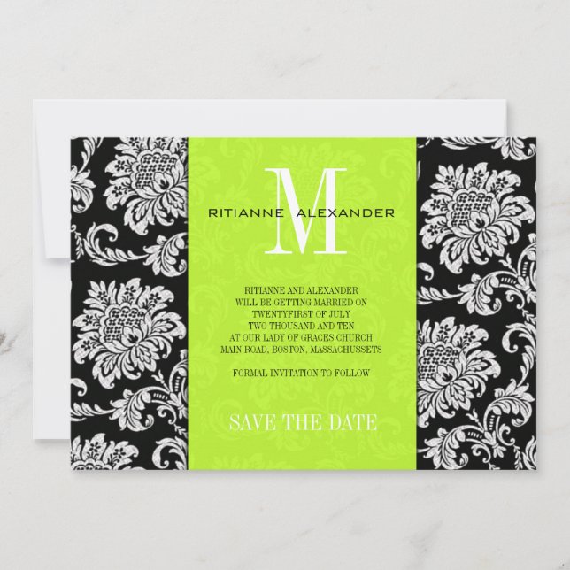 Lime Black Monogram Damask Wedding Save The Date Invitation (Front)