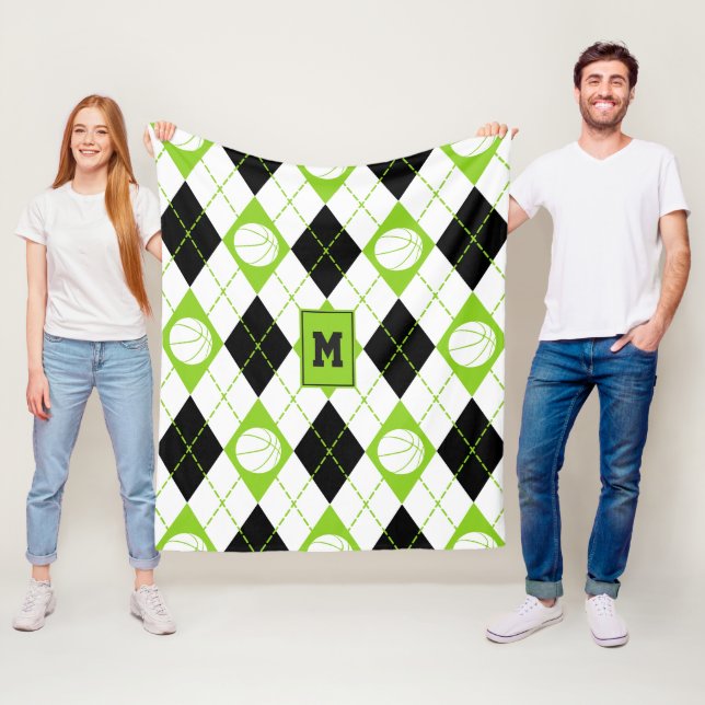 lime black white basketball themed argyle pattern fleece blanket (In Situ)