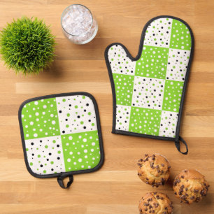 Lime Black & White Polka Dot Colour Block Oven Mitt & Pot Holder Set