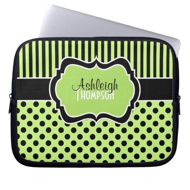 Lime, Black, White, Polka Dot Stripe Laptop Sleeve (Front)
