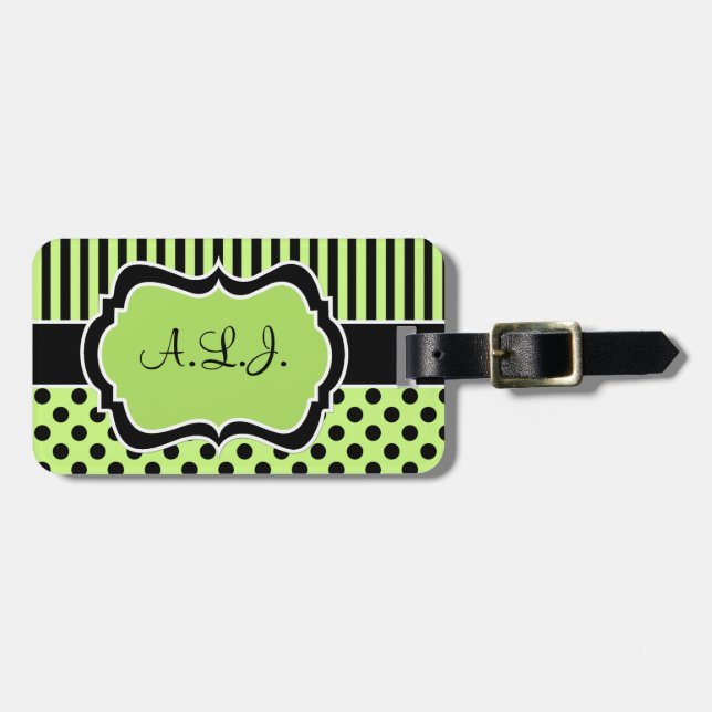 Lime, Black, White Striped Polk Dots Luggage Tag (Front Horizontal)