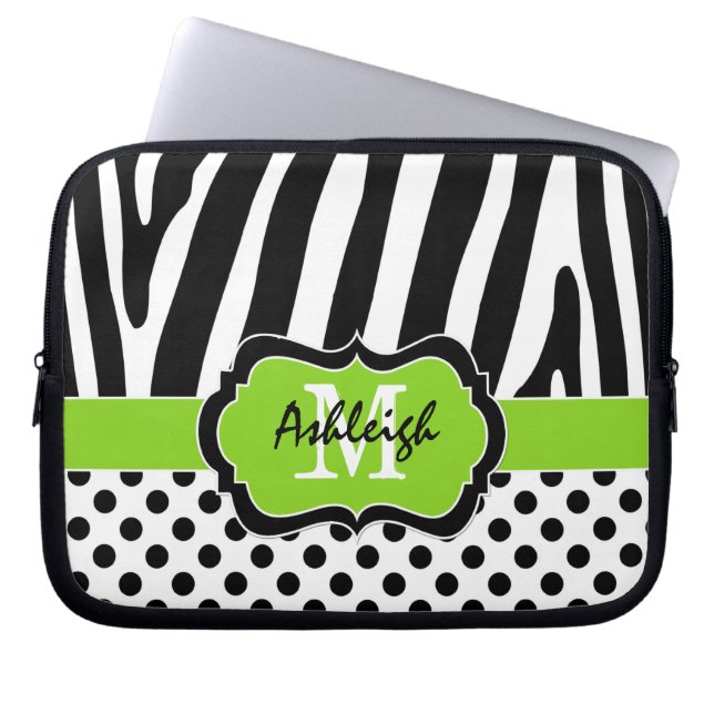 Lime Black Zebra Stripes Polka Dots Laptop Case (Front)