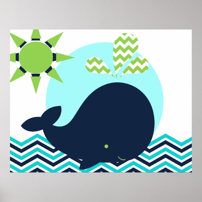 Lime, Blue, and Navy Whale Nursery Poster (Front)