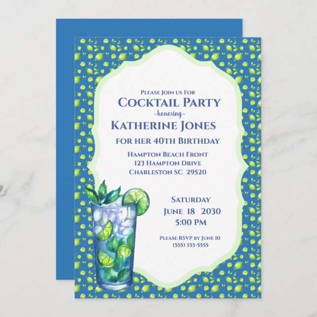 Lime Blue Mojito Birthday Cocktail Party Invitation (Front/Back)