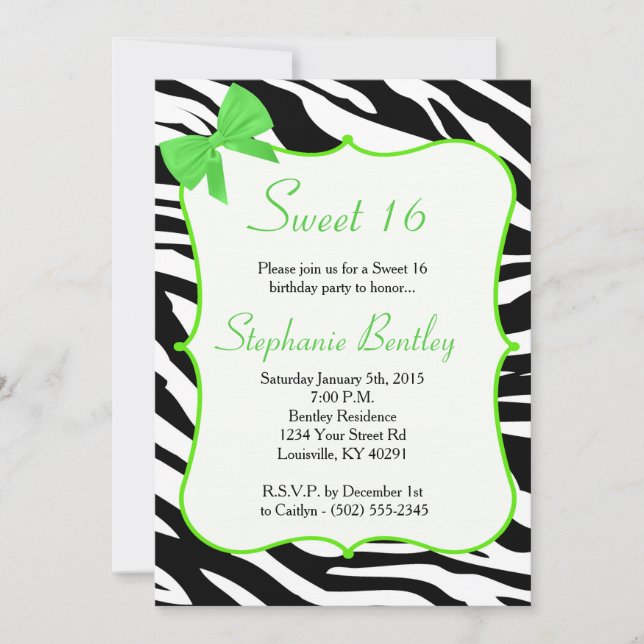 Lime Bow and Zebra Sweet 16 Birthday Invitation (Front)