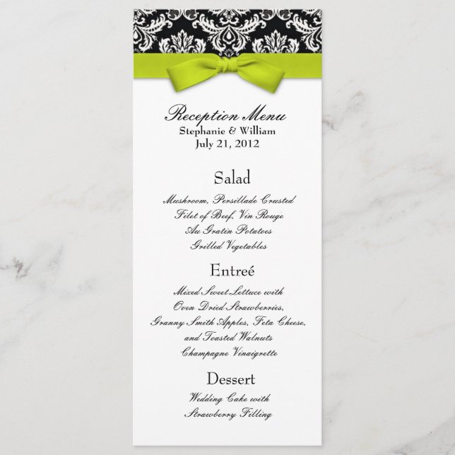 Lime Bow with Damask Wedding Reception Menu (Front)