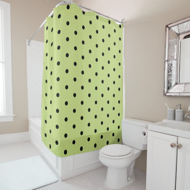 Lime Chartreuse Whimsical Black Polka Dot Shower Curtain (In Situ)