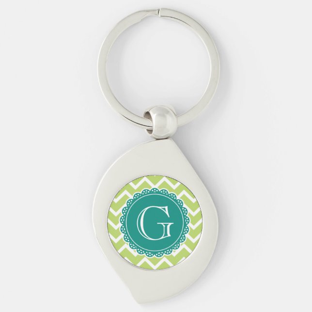 Lime Chevron Teal Monogram Key Ring (Front)