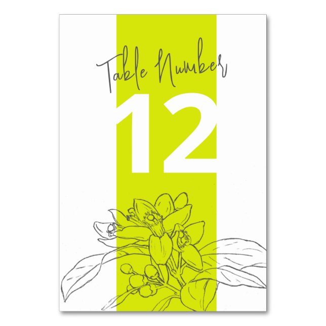 Lime citrus blossom grey pencil white wedding table number (Back)