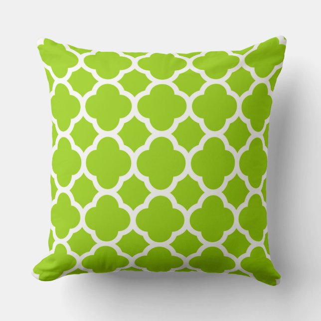 Lime Citrus Green and White Quatrefoil Pattern Cushion (Front)
