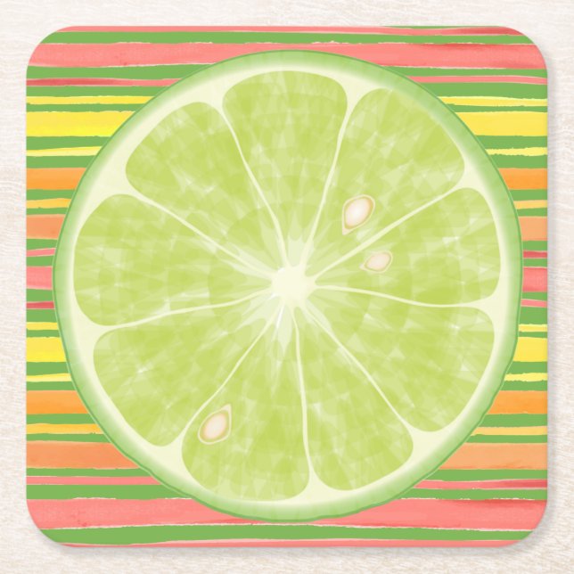 Lime Citrus Slice on Stripes Square Paper Coaster (Front)