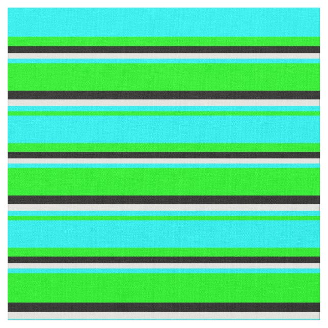 Lime, Cyan, Mint Cream & Black Striped Pattern Fabric (Close Up)