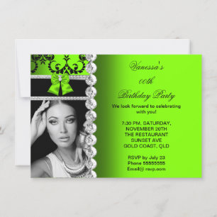 Lime Damask Black Jewel Bow Birthday Photo Invitation