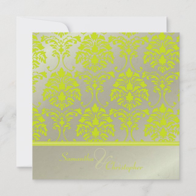 Lime damask on faux silver/wedding invitation (Front)
