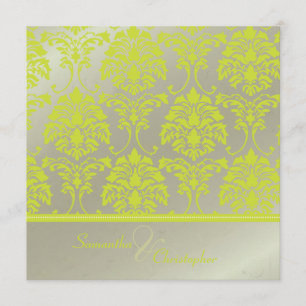 Lime damask on faux silver/wedding invitation