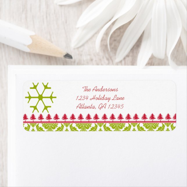 Lime Damask Red Pines Snowflake Return Address Label (Insitu)