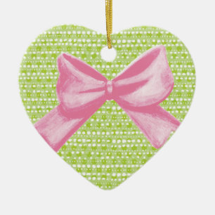 Lime Dots with pink Bow Ceramic Ornament