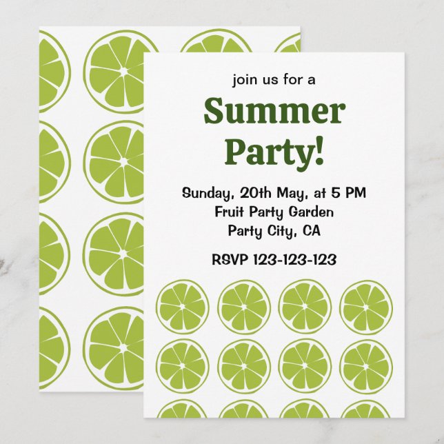 Lime Fruit Green Lime Summer Party Invitation (Front/Back)