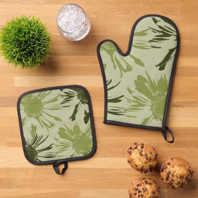 Lime Gerbera Flowers Oven Mitt & Pot Holder Set (Top Down)