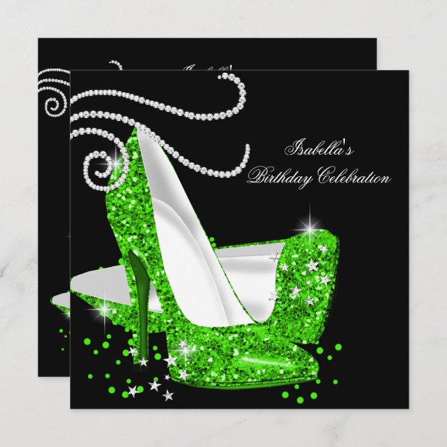 Lime Glitter High Heels Black Birthday Party Invitation (Front/Back)