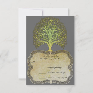 Lime Gold Swirl Damask Tree Wedding RSVP Card